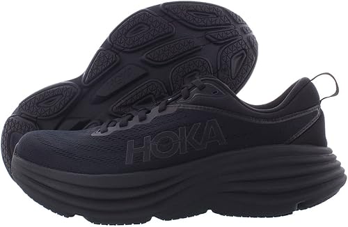 All-black HOKA Bondi 8 running shoes showing side and sole view, designed for maximum cushioning and comfort