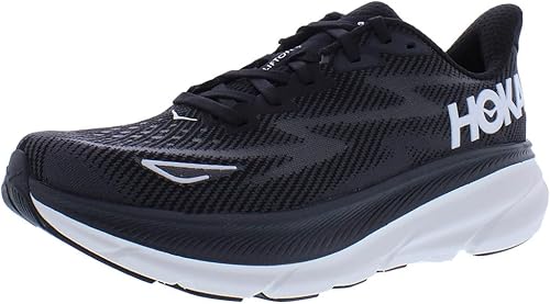 Black HOKA Clifton 9 running shoe with white sole, designed for cushioning and long-distance road running